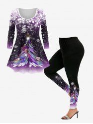 Ensemble de T-shirt et Legging à Imprimé Flocon de Neige et Sapin de Noël Grande Taille - Pourpre  