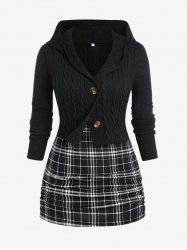 Plus Size Checked Camisole and Hooded Cable Knit Cropped Cardigan -  