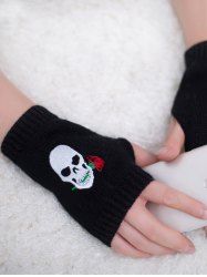 Embroidered Skull Rose Knitted Fingerless Gloves -  