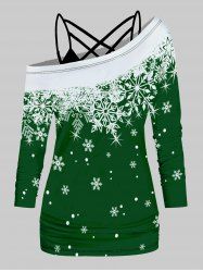 Ensemble de Haut de Noël Croisé à Imprimé Flocon de Neige à Manches Longues à Col Oblique et de Camisole Simple - Vert profond XL
