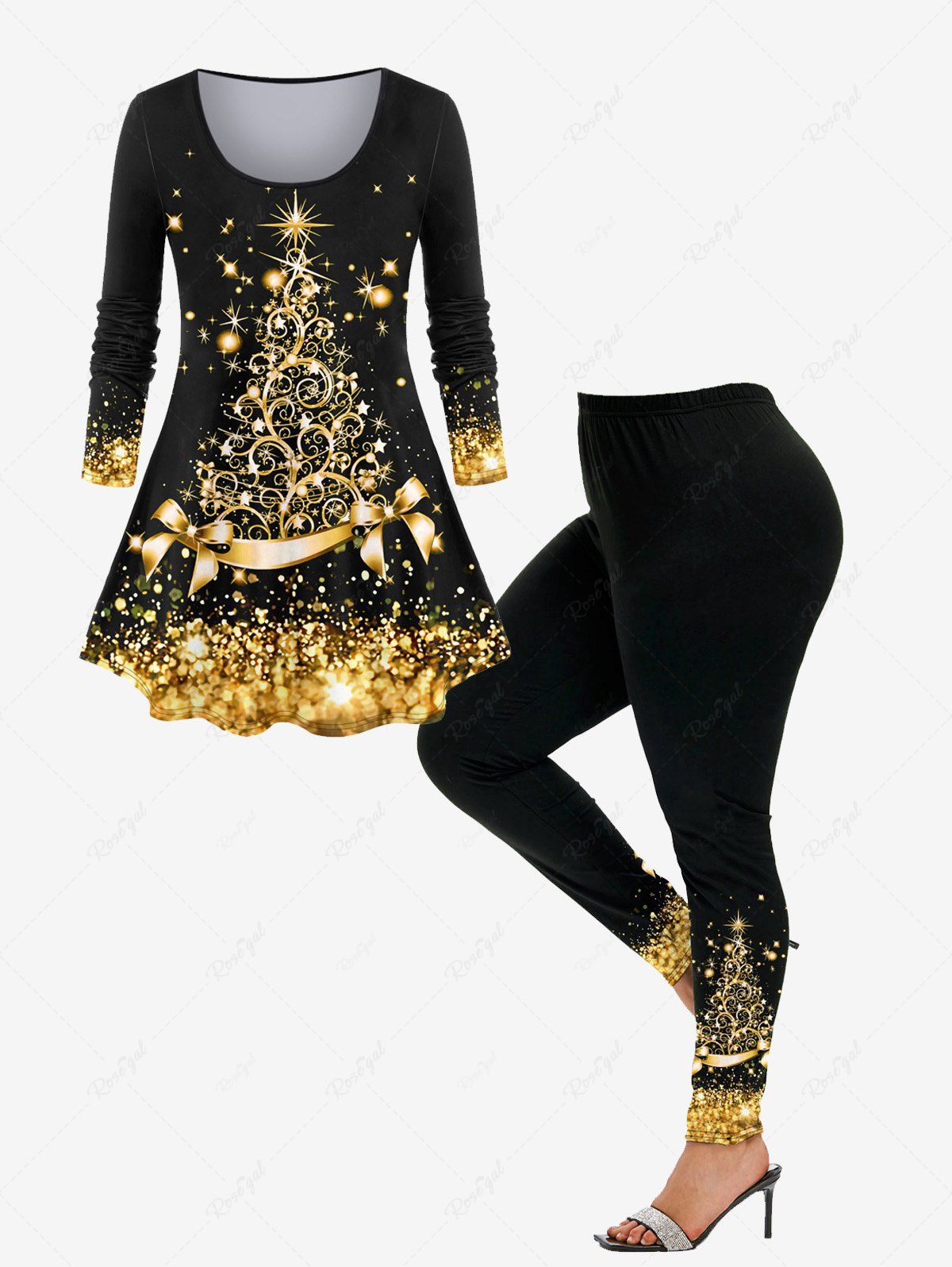 Best Christmas 3D Sparkles Printed Tee and Glitters Bowknot Printed Leggings Plus Size Matching Set  