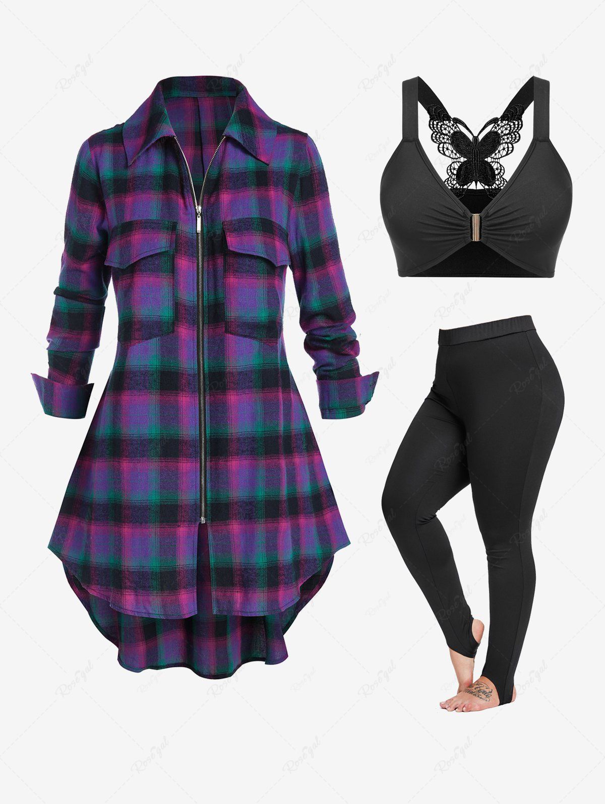 Buy Plaid High Low Full Zip Shacket and Lace Butterfly Bra Top and Stirrup Leggings Plus Size Outfit  