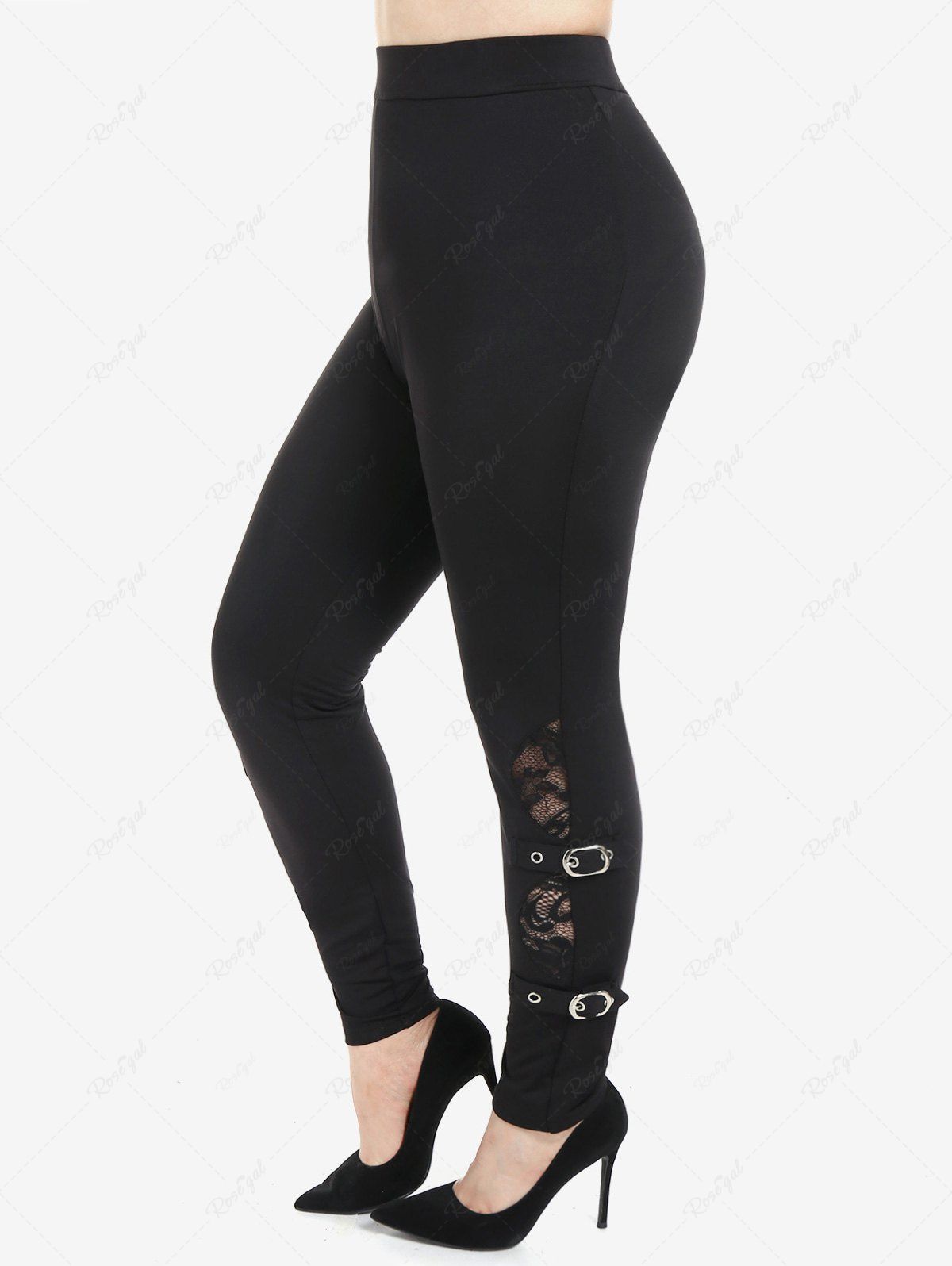 Discount Plus Size Lace Panel Buckles Flocking Lined Skinny Leggings  
