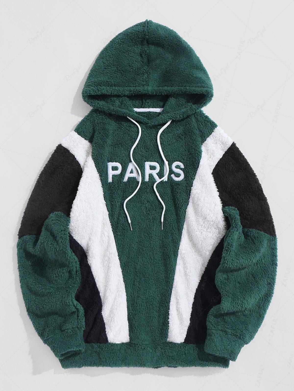 Hot PARIS Embroidered Fuzzy Faux Fur Hoodie  