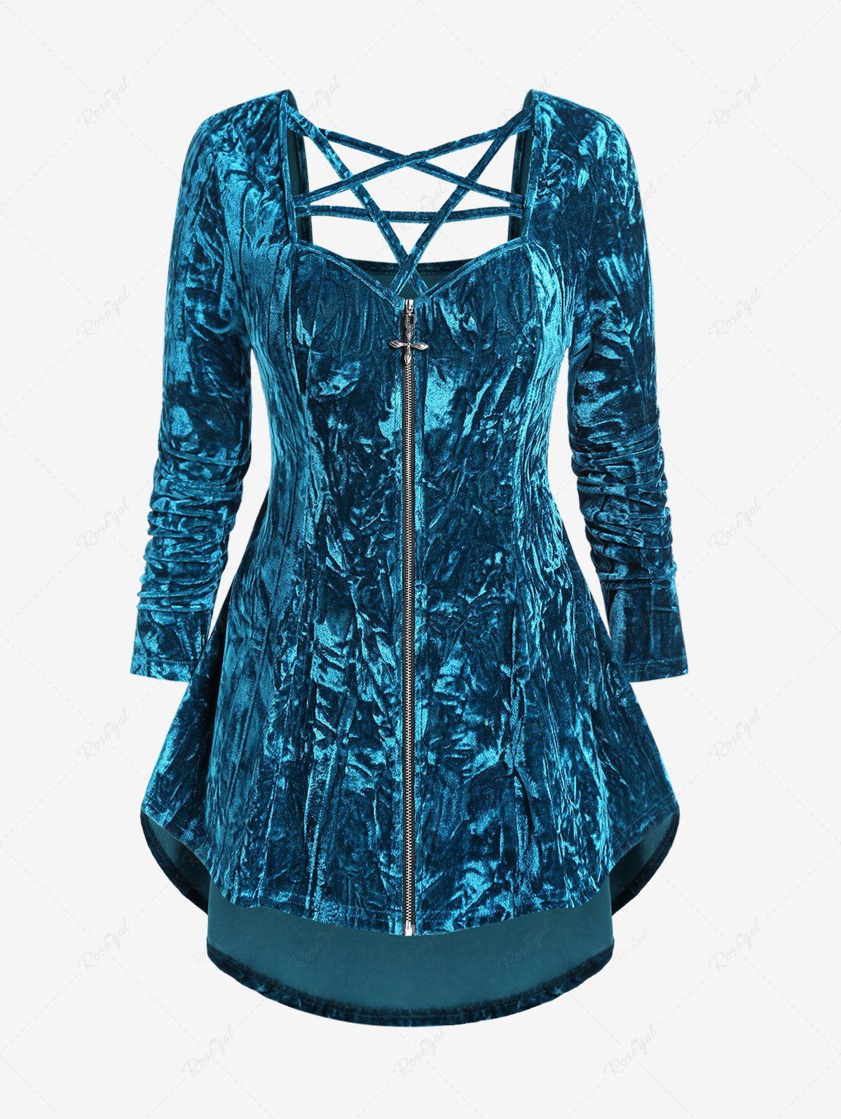 Fashion Gothic Crushed Velour Caged Strappy Cutout Zip Front High Low Top  