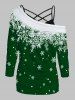 Ensemble de Haut de Noël Croisé à Imprimé Flocon de Neige à Manches Longues à Col Oblique et de Camisole Simple - Vert profond XL