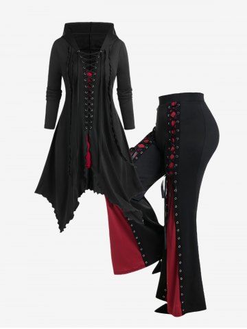 Gothic Lace-up Hooded Colorblock Handkerchief Coat and Grommet Flare Pants Outfit