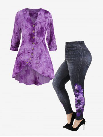 Tie Dye Roll Up Sleeves High Low Shirt and 3D Denim Skinny Jeggings Plus Size Outfit