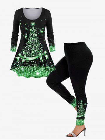 Christmas 3D Sparkles Printed Tee and Glitters Bowknot Printed Leggings Plus Size Matching Set - GREEN