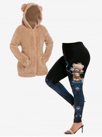 Hooded Pockets Faux Fur Coat and Bear Snowflake Printed Leggings Plus Size Outerwear Outfit