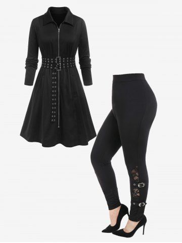Grommet Double Belt Zip Up Pocket Coat and Lace Panel Buckles High Rise Leggings Plus Size Outerwear Outfit