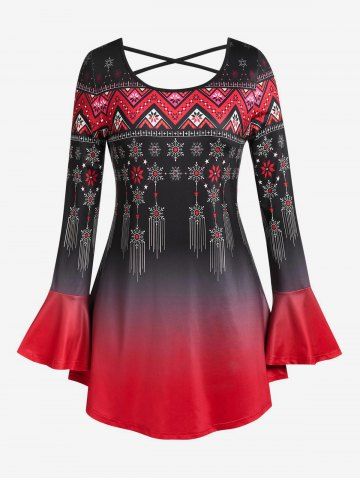 Plus Size Snowflake Print Ombre Color Bell Sleeve Christmas T-shirt - MULTI - 1X