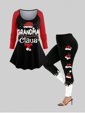 Raglan Sleeve Graphic Print Christmas Hat Printed T-shirt and Two Tone Leggings Plus Size Outfit - BLACK