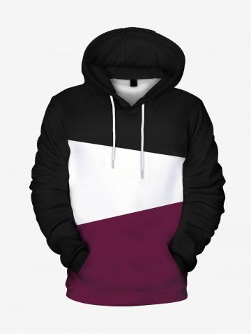 Mens Colorblock Front Pocket Flocking Lined Pullover Hoodie