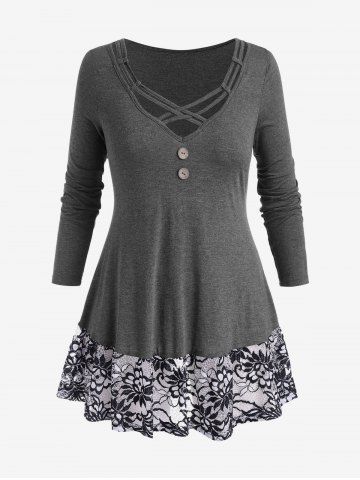 Plus Size Floral Lace Panel Crisscross T-shirt - GRAY - 3X
