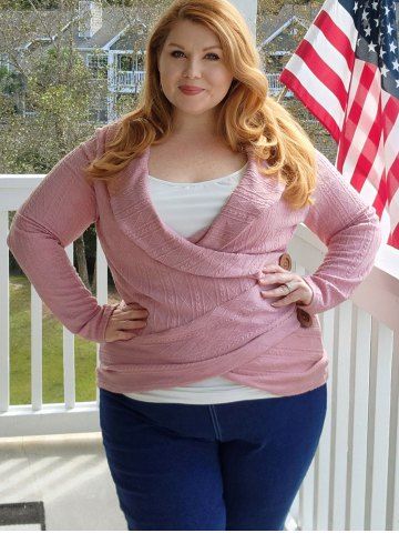 Plus Size Shawl Neck Two Tone Knit Long Sleeves 2 in 1 Surplice Tee - LIGHT PINK - 2X | US 18-20