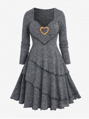 Plus Size Heart Ring Space Dye Long Sleeves A Line Layered Dress - GRAY - L | US 12
