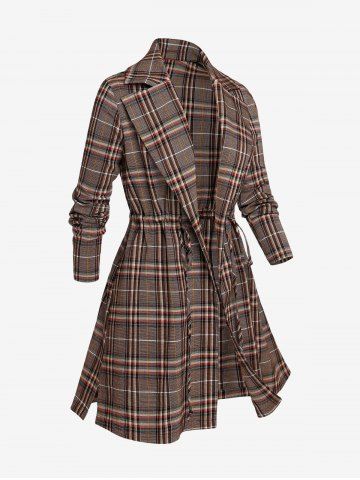 Plus Size Plaid Drawstring Open Front Coat
