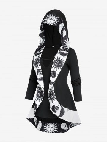 Plus Size Sun and Moon Print High Low Hooded 2 in 1 Top - BLACK - 1X | US 14-16