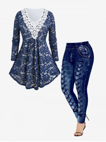 V Neck Crisscross Rose Lace Blouse and 3D Printed Leggings Plus Size Outfit - DEEP BLUE