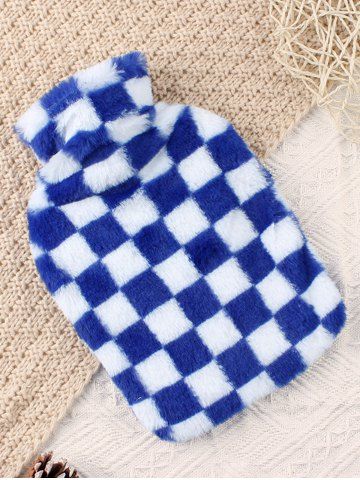 Winter Warm Checkerboard Plush Cloth Cover and Hot Water Bag Set - BLUE