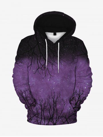 Gothic Front Pocket Tree Branch Print Flocking Lined Hoodie - PURPLE - 3XL