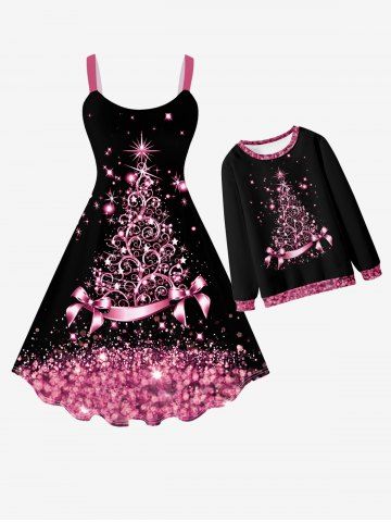 Christmas Tree Knee Length Flared Dress + Kids Sweatshirt Mommy and Me Matching Outfit