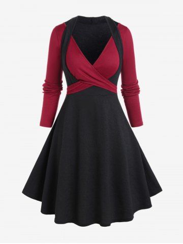 Plus Size Crossover Two Tone Semi Formal Dress - BLACK - L | US 12