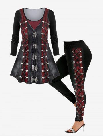 Gothic 3D Long Sleeve Tee and Mid Rise Leggings Outfit - BLACK