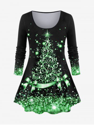 Plus Size 3D Sparkles Glitters Bowknot Printed Long Sleeves Tee - DEEP GREEN - S | US 8