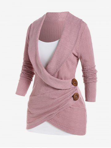 Plus Size Shawl Neck Two Tone Knit Long Sleeves 2 in 1 Surplice Tee - LIGHT PINK - 4X | US 26-28