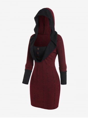 Plus Size Hooded Two Tone Draped Front Rib-knit Bodycon Dress - DEEP RED - L | US 12