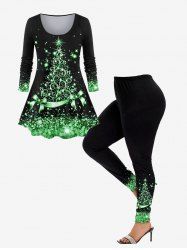 Christmas 3D Sparkles Printed Tee and Glitters Bowknot Printed Leggings Plus Size Matching Set -  