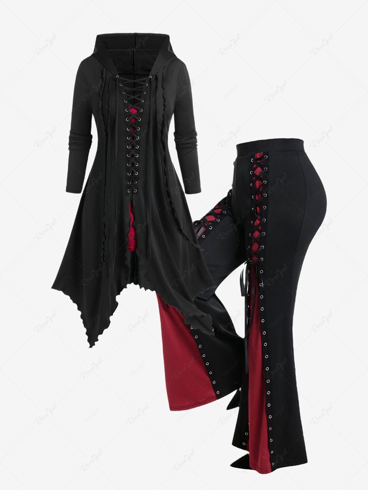Ensemble de Manteau à Capuche Mouchoir Gothique à Lacets et Pantalon en Blocs de Couleurs et Œillet Noir 