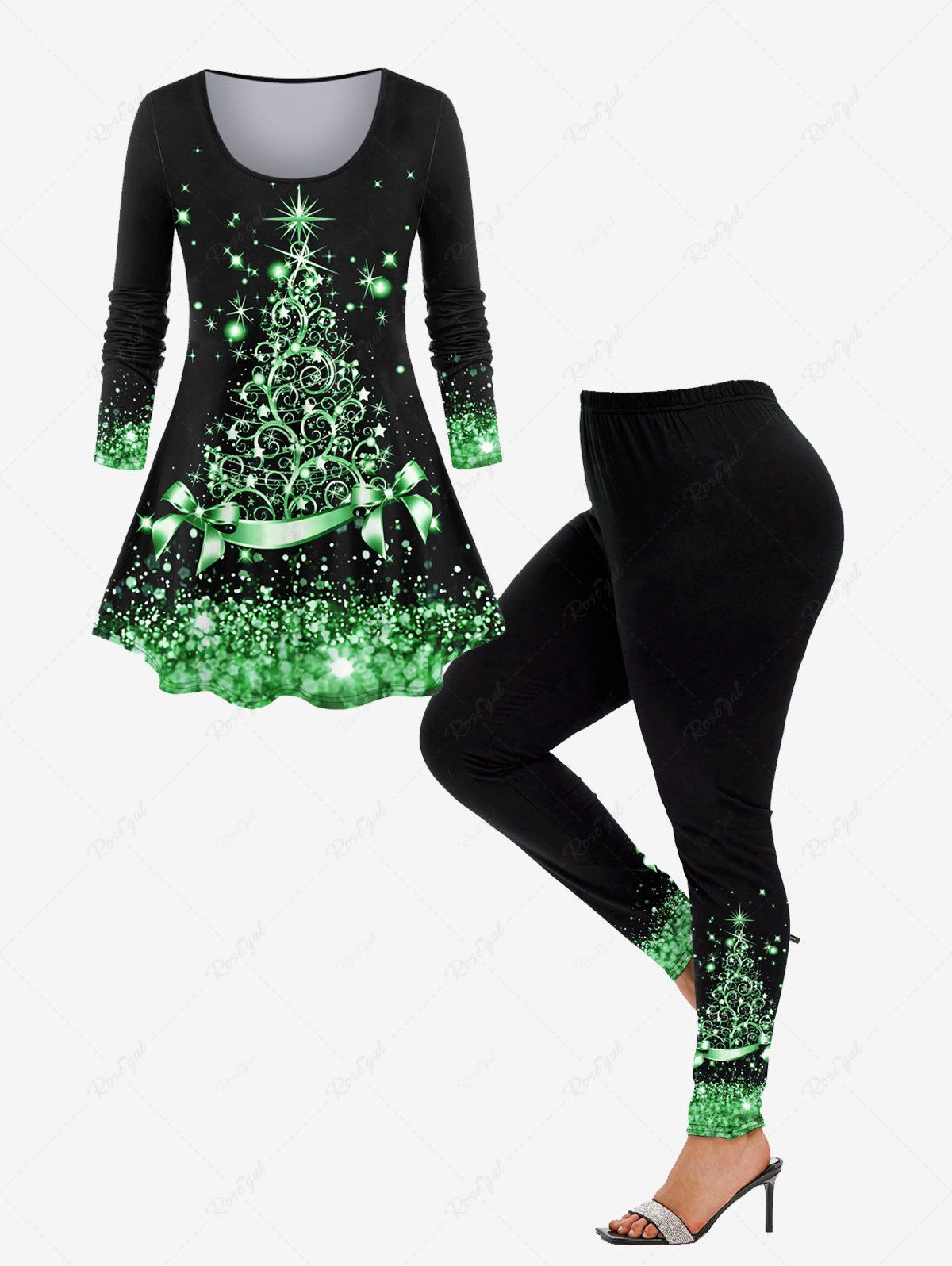 Unique Christmas 3D Sparkles Printed Tee and Glitters Bowknot Printed Leggings Plus Size Matching Set  