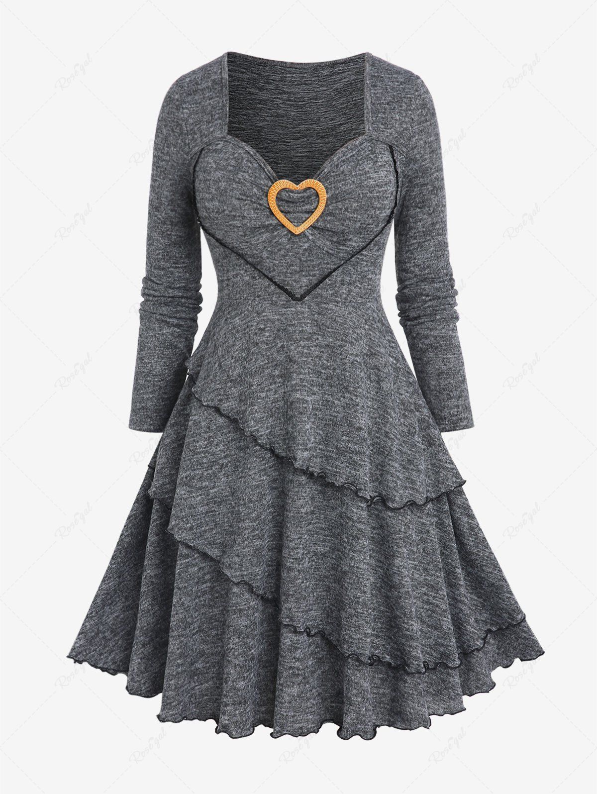 Affordable Plus Size Heart Ring Space Dye Long Sleeves A Line Layered Dress  