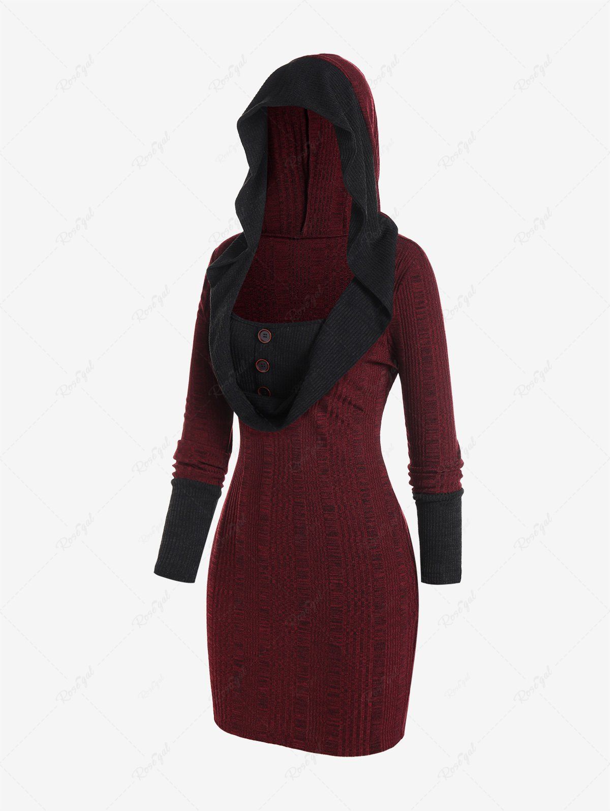 Chic Plus Size Hooded Two Tone Draped Front Rib-knit Bodycon Dress  