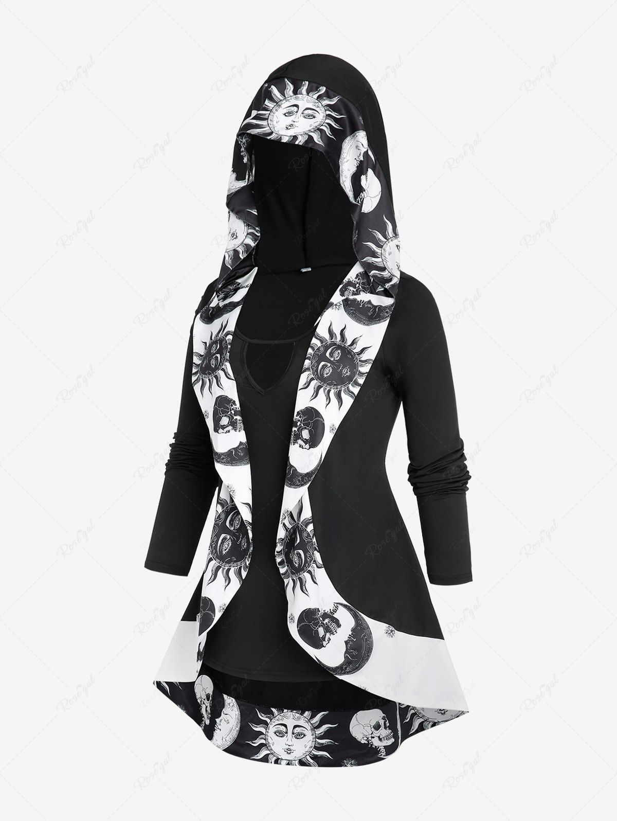 Sale Plus Size Sun and Moon Print High Low Hooded 2 in 1 Top  