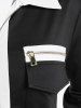 Plus Size Contrast Turndown Collar Half Zipper Flap Pocket T-shirt -  