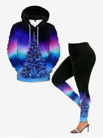 Christmas Tree Print Flocking Lined Pullover Hoodie and Leggings Plus Size Outfit - BLUE