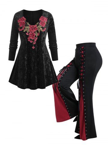 Velvet Flower Applique T-shirt and Gothic Lace-up Grommet Two Tone Flare Pants Plus Size Outfits