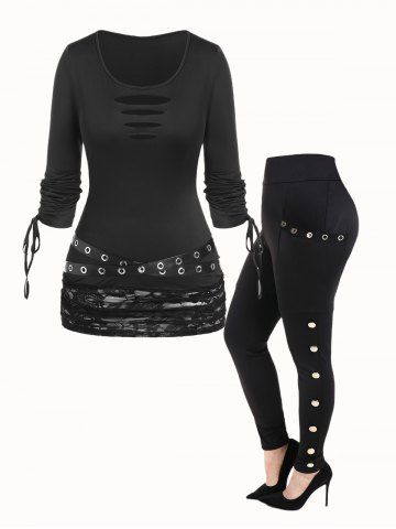 Gothic Ripped Cinched Sleeves Grommets Lace Panel Tee and Pockets Grommets Studs Embellished Pants Outfit - BLACK