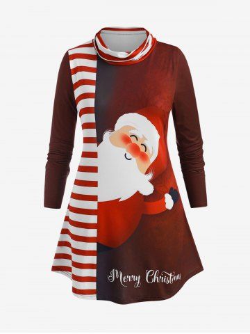 Más el tamaño de Navidad raya Santa Claus impresión camiseta - DEEP RED - 1X