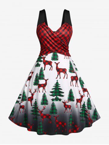 Plus Size Christmas Tree Elk Plaid Print Criss Cross Dress