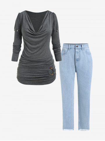 Plus Size Long Sleeve Cowl Neck O Ring Ruched T-shirt and Frayed Jeans Outfit - GRAY