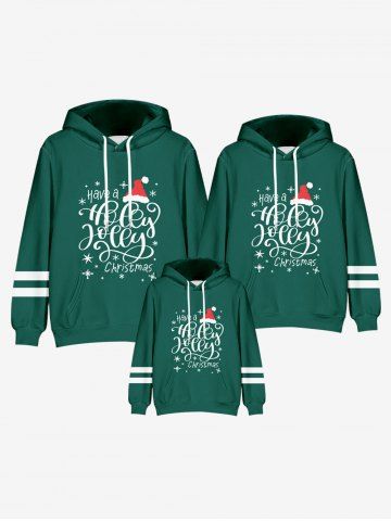 Kids Christmas Graphic Front Pocket Striped Detail Hoodie - DEEP GREEN - 120