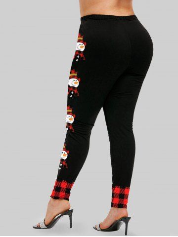 Plus Size Christmas Checkered Snowman Printed Skinny Leggings