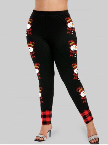 Plus Size Christmas Checkered Snowman Printed Skinny Leggings