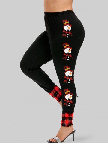 Plus Size Christmas Checkered Snowman Printed Skinny Leggings - BLACK - S | US 8