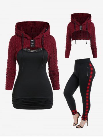 Hooded Cable Knit Hook and Eye Shrug Top with Camisole Set and Pants Plus Size Outfit - DEEP RED